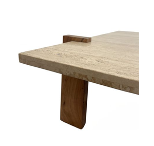 Mesa de Centro de Travertino Rectangular con Tapa de Piedra y Pedestal de Madera para Sala de Estar - Product Image 4