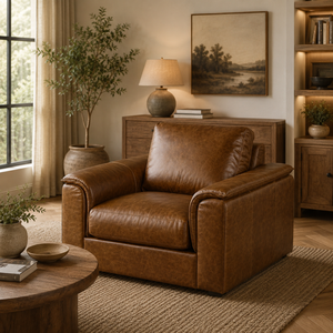 Sillón Individual de Cuero Marrón Contemporáneo con Base de Madera Sólida, Cómodo Sillón para el Hogar Moderno - Product Image 1