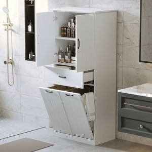 White Two-Door Bathroom <b>Storage</b> Cabinet with Drawer and <b>Laundry</b> Baskets Home Use - Product Image 3
