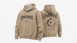 Sudadera con Capucha Extra Grande Color Beige Arena, Diseño Gráfico Desgastado, Estilo Urbano para Hombre, Algodón Grueso - Product Image 6