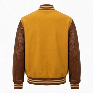 Blouson universitaire en laine épaisse avec manches en cuir marron, boutons-pression personnalisés, col, poignets et ourlet côtelés rayés - Product Image 2