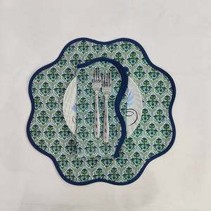 <b>Round</b> scalloped botanical Placemat Block Print fabric <b>table</b> mat easy care machine washable rustic kitchen decor <b>dining</b> mat <b>set</b> - Product Image 4