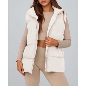 Gilet long matelassé pour femme de qualité supérieure avec fermeture éclair, couleur unie, vêtement d'extérieur décontracté, col montant à capuche, rembourrage en polyester - Product Image 6