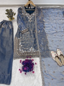 Wholesale Luxury <b>Slate</b> Blue Organza Slim Fit Party Winter Embroidered Pakistani Suit Kurta Pant Set Dupatta Ethnic Wear - Product Image 6