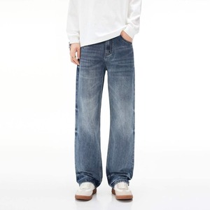 Jean en denim coupe droite pour homme, coupe ample décontractée, en coton bleu délavé, style automne - Product Image 2