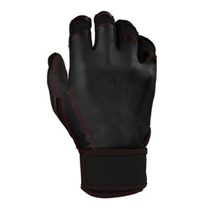 Black Leather Batting <b>Gloves</b> with <b>Red</b> Stitching Hook and Loop Closure for Training Unisex Adult - Product Image 3