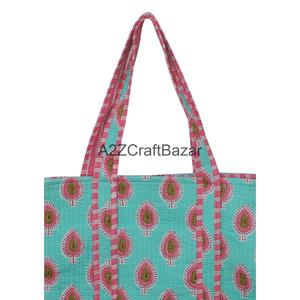 Handmade Quilted Cotton Tote <b>Bag</b> with Long Handle Striped Pattern Indian Craftsmanship Rajasthan for Women-Groceries Daily Use - Product Image 2
