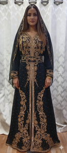 Robe longue élégante en georgette jaune émeraude, ornée de cristaux violets royaux et de perles dorées scintillantes, antistatique - Product Image 5