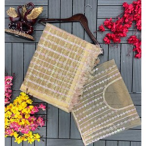 Robes de carrière beige de Nice Creation, broderie de séquence, sari non cousu pour les fêtes et les tenues formelles - Product Image 2