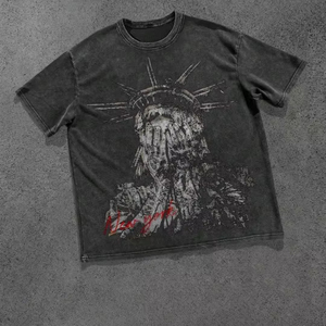 Camiseta de algodón con cuello redondo y manga corta para hombre, con estampado gráfico del lema de Nueva York y la Estatua de la Libertad, - Product Image 1