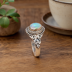 925 <b>Silver</b> Oval <b>Opal</b> Gemstone <b>Ring</b> Rose Gold Yellow Gold Plated Bezel Setting Boho Filigree Artisan Statement Jewelry Handmade - Product Image 1