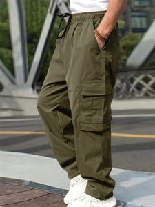 Pantalon cargo ample pour homme, couleur unie, coupe ample, multi-poches, fermeture à cordon, 100% coton, séchage rapide, respirant, élastique - Product Image 6