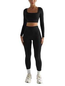 Ensemble de yoga taille haute sans coutures noir, crop top et leggings longs, 2 pièces, col carré, manches longues, extensible en Spandex et Polyester - Product Image 5