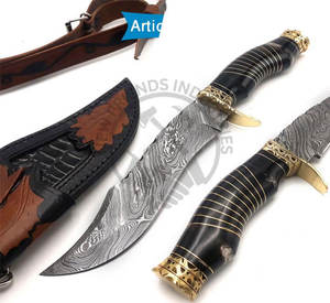 Cuchillo Bowie de Acero de Damasco Personalizado de Alta Calidad al por Mayor, Cuchillo de Hoja Fija Coleccionable para Caza con Mango de Latón y Cuerno de Toro - Product Image 2