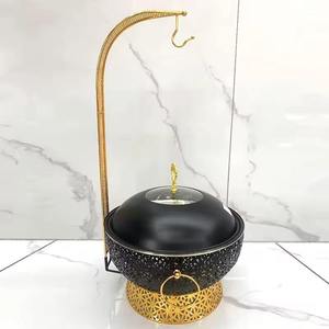 Matte <b>Black</b> Stainless Steel Chafing Dish with Gold Stand Ornate Round Buffet Food Warmer for Luxury Wedding Catering - Product Image 5