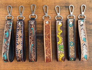 Professional Customization Women's Hand <b>Tooled</b> Leather Wristlet Keychains Cowhide Leather Key Strap Cowhide Carabiner Key <b>Clip</b> - Product Image 5