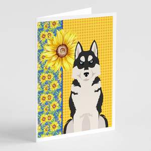 Summer Sunflowers A7 Tamaño 5x7 Paquete de tarjetas de felicitación 8 Black Siberian Husky Diseño caprichoso Tarjetas de notas en blanco con sobres - Product Image 1