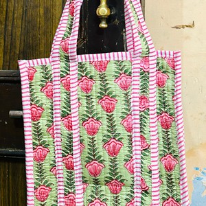 Pink <b>Rose</b> Quilted Cotton Tote Bag with Striped Handles Open <b>Top</b> Fashion Shopping Bag Shoulder Strap Open Closure - Product Image 1