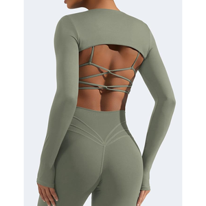 Camiseta de Yoga de Manga Larga Verde Oliva sin Costuras para Mujer, Cuello Redondo, Corte Entallado, Color Sólido, Ropa Deportiva - Product Image 4