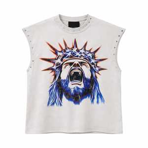 High-quality 100% Cotton <b>Knitted</b> Acid-washed Men's Summer Vest Retro Regular Fit Custom-made Punk Style <b>Animal</b> Print - Product Image 1