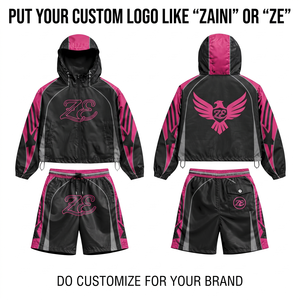 ZAINI Premium Men's Winter Quick Dry 120 GSM Polyester Windbreaker Short <b>Set</b> Black Pink Grey Panels Silk Screen Printed - Product Image 1
