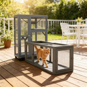 Cuccia e Tunnel per Gatti in Legno Combinabile, Grigio Scuro - Arredamento e Cuccette per Animali Domestici - Product Image 1