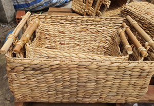Handmade Modern Bohemian <b>Small</b> Rectangular Storage <b>Basket</b> Woven Wood Trunk Water Hyacinth <b>Handles</b> Multifunctional Home Organiser - Product Image 6