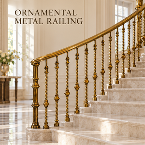 Rampe d'escalier en métal doré incurvée de luxe avec balustres torsadés ornementaux pour villas, hôtels et grands escaliers - Product Image 1