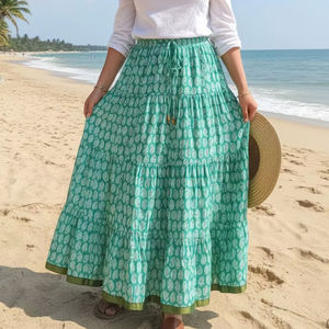 Bohemian Cotton <b>Maxi</b> <b>Skirt</b> Lightweight Summer Beach Flowy Tiered <b>Green</b> Printed Comfortable Vacation Wear - Product Image 1