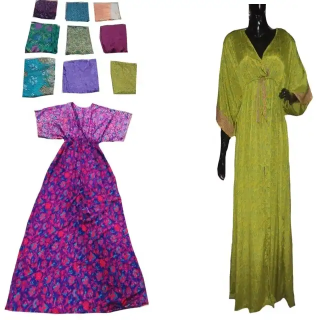 Abito lungo saree di seta Vintage abito tradizionale stampato a fiori lunghi tinta unita multicolore per abiti boho per ragazza e donna