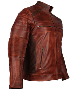 Veste de moto en cuir véritable marron pour homme, col montant, fermeture éclair, coupe classique, style automne, veste de motard - Product Image 3