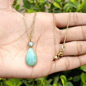 Hip hop necklace natural labradorite amazonite cabochon gemstone pendant necklace 18k gold plated brass jewelry chain necklace - Product Image 4