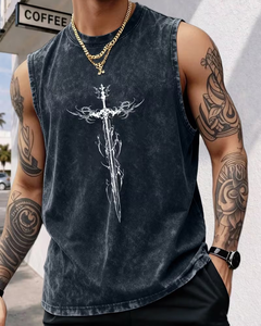 Men's Olive Green Sleeveless Tank Top with White Sword Print O-Neck Washed Cotton Summer Breathable Quick Dry Casual Wear - Product Image 5