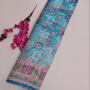 Tela de viscosa pura jacquard color camel beige con estampado étnico y borde ornamental para material de kurti de diseñador. - Product Image 1