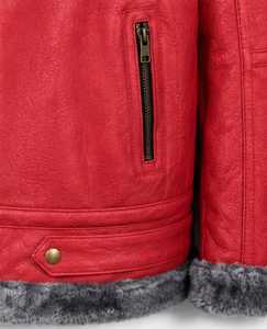Veste en cuir rouge pour homme Champ King avec doublure en fausse fourrure, col montant, fermeture éclair, style motard, manteau d'hiver épais - Product Image 5