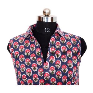 Robe midi décontractée et élégante pour femme, imprimée à la main, en coton, sans manches, avec fronces décoratives, douce, naturelle et lavable - Product Image 6