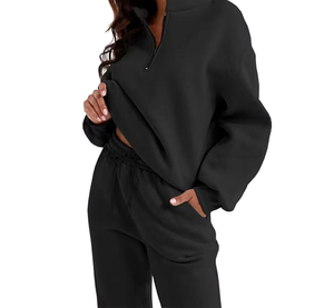 Survêtement grande taille pour femme, noir uni, sweat-shirt demi-zip avec pantalon à cordon de serrage, coupe décontractée ample, longueur intégrale, en polyester, pour l'automne - Product Image 4