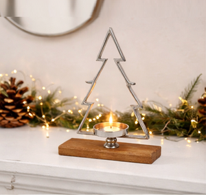 Modern Minimalist Silver Metal Christmas <b>Tree</b> Candle Holder With Mango Wood Base Handcrafted Festive <b>Tabletop</b> Centerpiece - Product Image 4