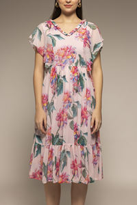 Elegante Vestido Largo con Estampado Floral Rosa y Cuello en V para Mujer, Ideal para Vacaciones en la Playa, Disponible a Precio de Mayoreo - Product Image 5