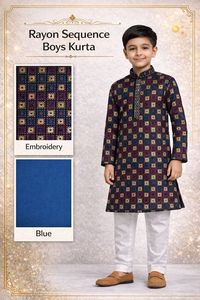 Ensemble Kurta Pyjama en Rayonne à Paillettes pour Garçons, Multicolore Violet et Doré à Carreaux, Tenue Ethnique Festive pour Mariage, Vêtements Indiens pour Enfants de 0 à 14 Ans - Product Image 2