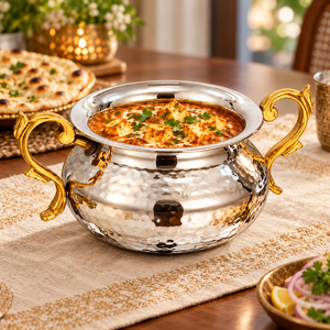 Olla Punjabi de Acero Inoxidable Martillado con Asa de Latón, Tazón para Servir Alimentos, Olla Tiffin de Doble Asa para Restaurante - Product Image 6