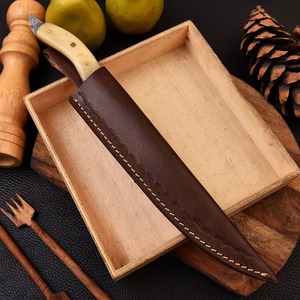 Custom Forged Damascus Steel Chef Fillet Kitchen <b>Knife</b> with Camel <b>Bone</b> <b>Handle</b> and Leather Sheath - Product Image 6