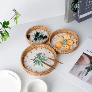 Two Piece Green Design Mother Of Pearl Rattan Edge <b>Serving</b> Tray <b>Set</b> Perfect For Stylish Party Entertaining And Gifting Purpose - Product Image 5