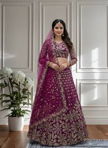 Blue Embroidered A-Line Floor-Length <b>Lehenga</b> Choli Wedding Engagement Outfit Floral Beaded Modern Dress Set for Women Party - Product Image 3