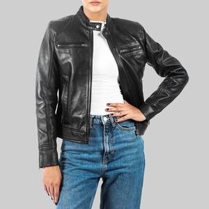 Theresa Womens Black Genuine Leather Breathable Cafe Racer <b>Jacket</b> with Stand-Up Collar - Leather <b>Jacket</b> Black - Product Image 1