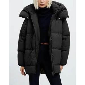 Top Trendy Women's Black Quilted Puffer Jacket Hooded Zipper Closure Long Sleeve <b>Thick</b> <b>Winter</b> <b>Coat</b> Polyester Wadding Solid Color - Product Image 4