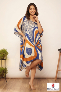 Vestido Largo Kaftan para Mujer HitJem Export, Azul Estampado, Cuello en V, Largo hasta la Rodilla, Casual, de Rayón, Corte en A, Estilo Wrap & Tie para Verano - Product Image 2