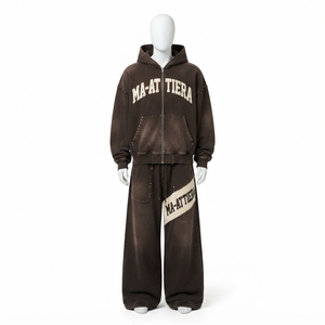 Chándal con capucha para hombre, de algodón marrón, con cremallera frontal, estampado de letras, corte holgado, informal, para otoño - Product Image 3