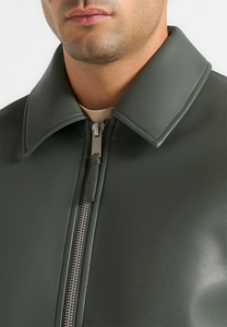 Men's Green PU Leather <b>Bomber</b> <b>Jacket</b> Turn-Down Collar Zipper Closure Casual Style Autumn Wear - Product Image 6