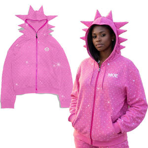 Sudadera con capucha de mujer personalizada con cremallera, pedrería y capucha con púas, estilo casual urbano, con efecto ruborizado, venta al por mayor - Product Image 1